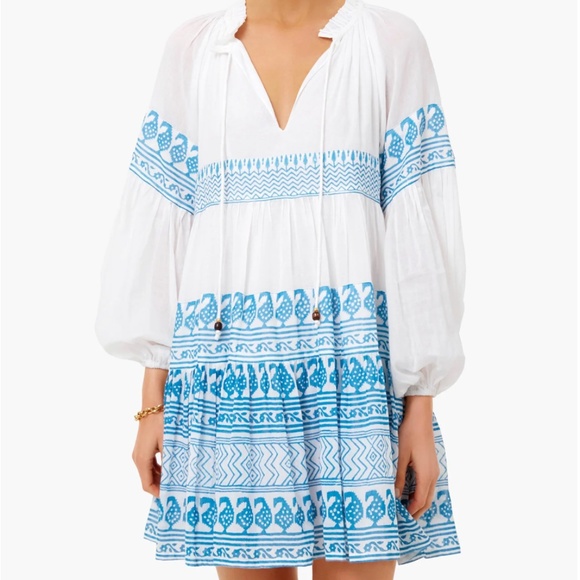 Oliphant Santorini Blue Balloon Sleeve Short Dress - Picture 2 of 4